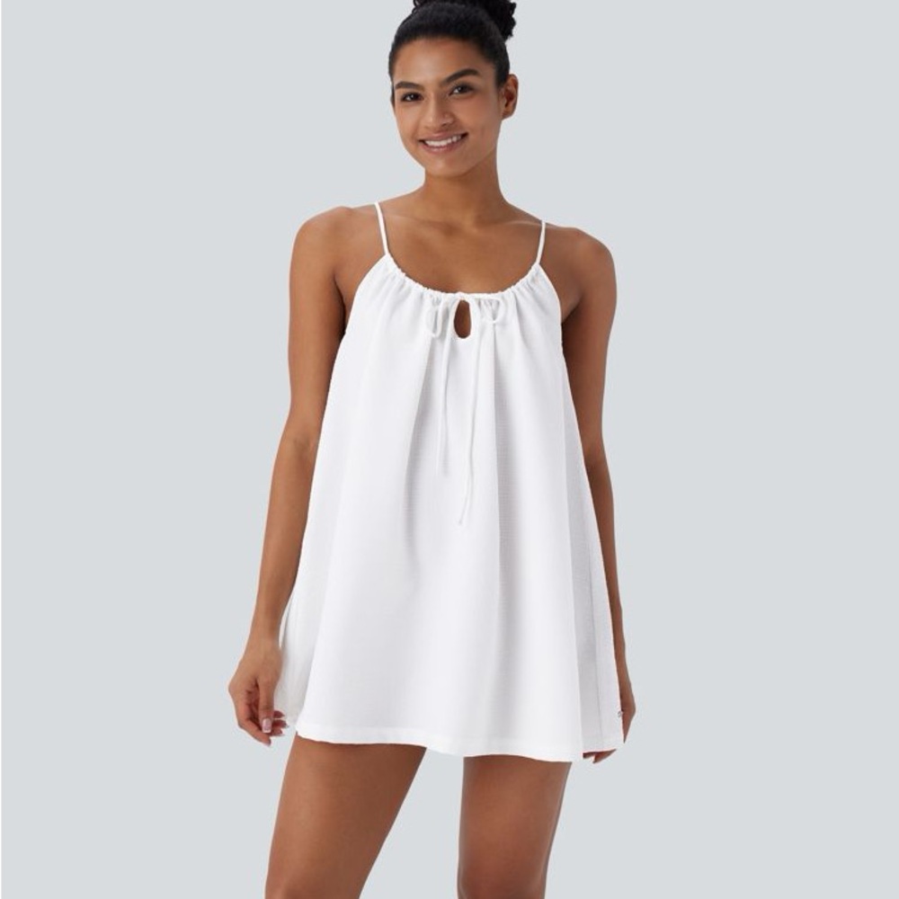HA07.- Adjustable Tie Neck Cut Out Stripe Mini Lounge Slip Dress. Size Medium.